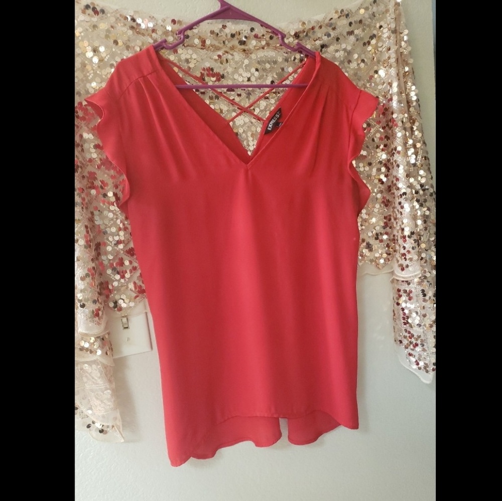 EXPRESS Red Criss Cross Back Ruffle Sleeve T Shirt